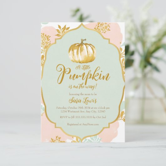 Invitation Baby shower Citrouille Gold Fall (Debout devant)