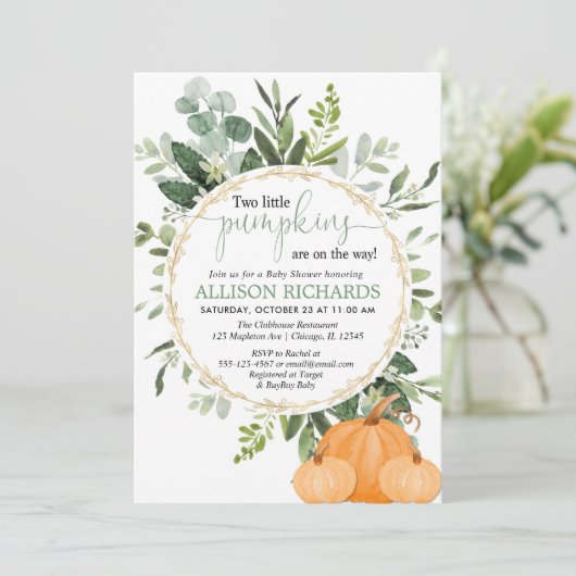 Invitation Baby shower citrouille jumeau, deux petits citroui (Debout devant)