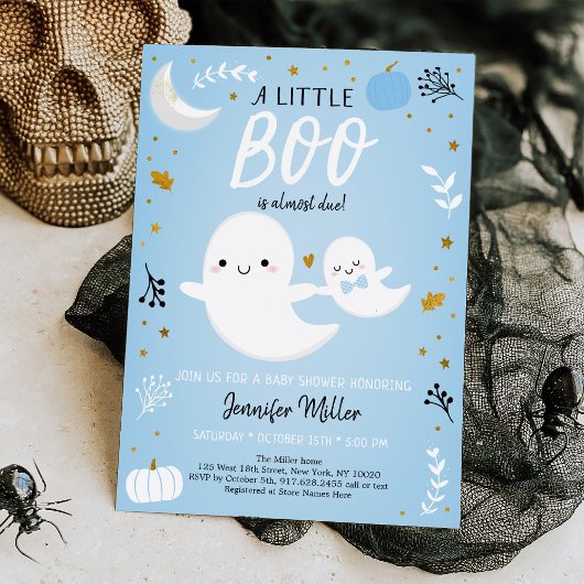 Invitation Baby shower Citrouille Little Boo Blue Gold Ghost