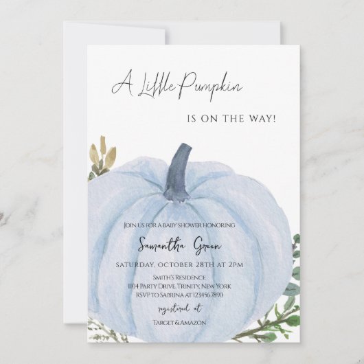 Invitation Baby shower Citrouille minimaliste bleu (Devant)