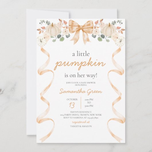 Invitation Baby shower Citrouille Orange Bow (Devant)
