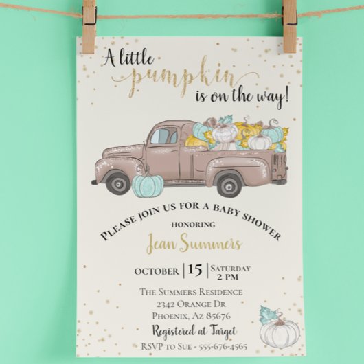 Invitation Baby shower Citrouille Parties scintillant Camion 