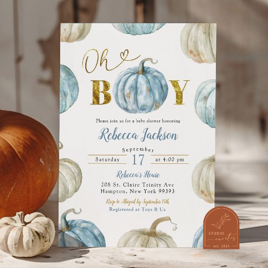 Invitation Baby shower Citrouille Pastel Blue Gold Oh Boy