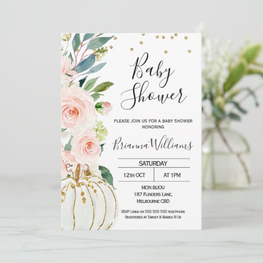 Invitation Baby shower Citrouille rose (Debout devant)