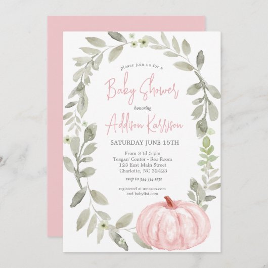 Invitation Baby shower Citrouille rose (Devant / Derrière)