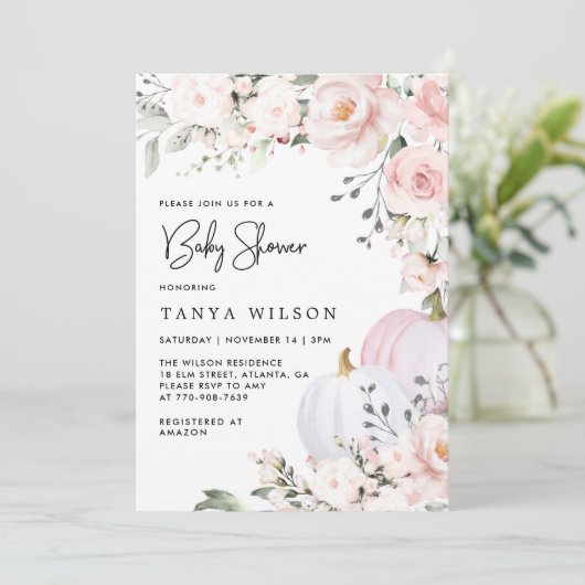 Invitation Baby shower Citrouille rose (Debout devant)