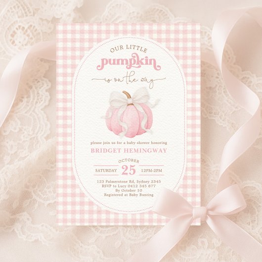 Invitation Baby shower Citrouille rose  d'aquarelle Bow Girl