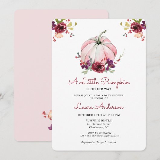Invitation Baby shower Citrouille rose et bourgogne (Devant / Derrière)