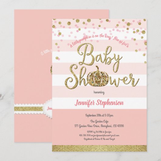Invitation Baby shower citrouille rose et or (Devant / Derrière)