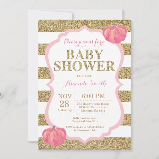Invitation Baby shower Citrouille rose et or (Devant)