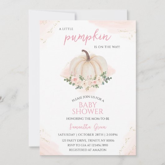 Invitation Baby shower Citrouille rose et or fille (Devant)