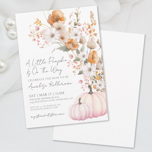 Invitation Baby shower Citrouille rose fleur sauvage