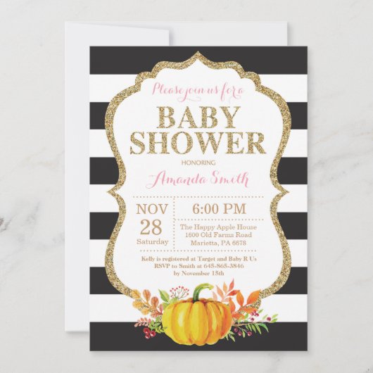 Invitation Baby shower Citrouille rose noir et or (Devant)