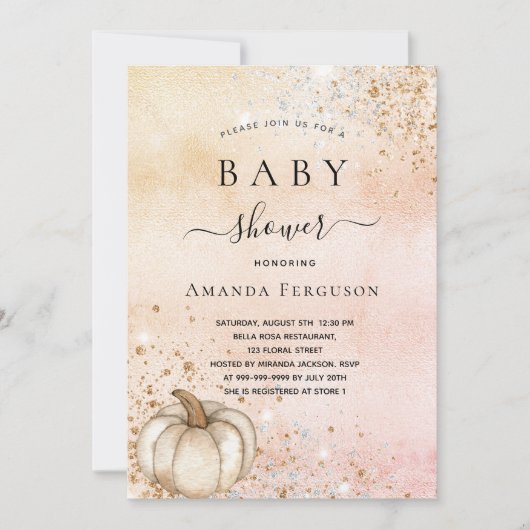 Invitation Baby shower citrouille rose parties scintillant d' (Devant)