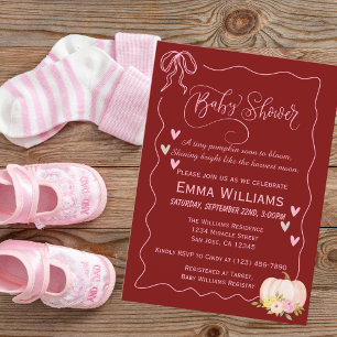 Invitation Baby Shower Citrouille Rose Ruban Cœurs Mignon Per