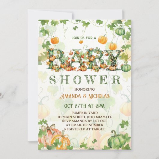 Invitation Baby shower Citrouille Rustic Automne (Devant)