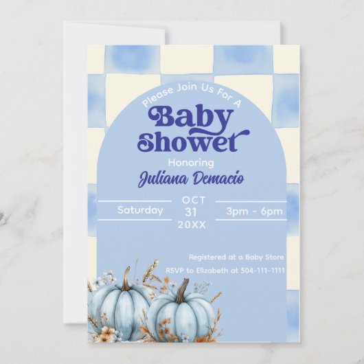 Invitation Baby shower Citrouille Rustic Blue En vichy (Devant)