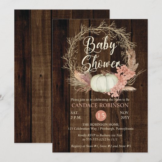 Invitation Baby shower - Citrouille rustique Pampas Wreath (Devant / Derrière)