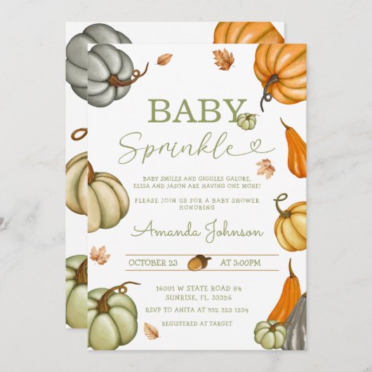 Invitation Baby shower Citrouille rustique Sprinkle Sage pour (Devant / Derrière)