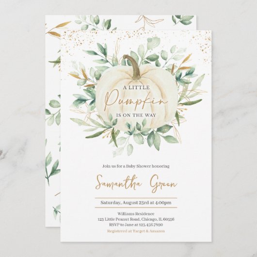 Invitation Baby shower Citrouille verdoyant or (Devant / Derrière)