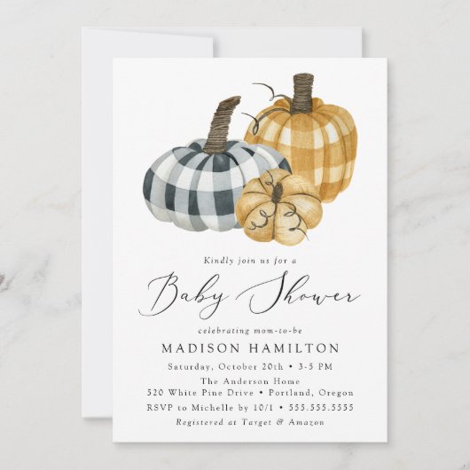 Invitation Baby-Shower Citrouilles à Carreaux Rustiques (Devant)