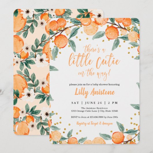 Invitation Baby shower Citrus Botanique Orange Little Cutie (Devant / Derrière)