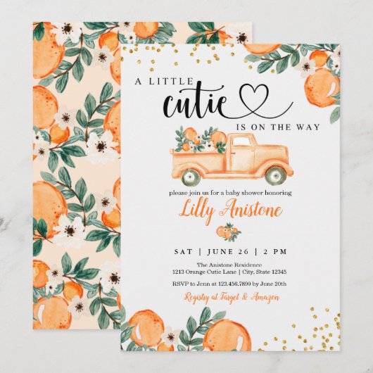Invitation Baby shower Citrus Botanique Orange Little Cutie (Devant / Derrière)