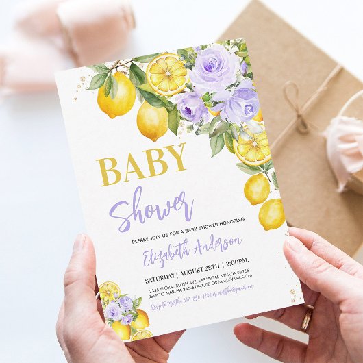Invitation Baby shower Citrus Floral Violet Citron