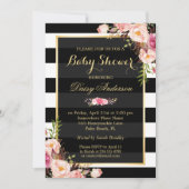 Invitation Baby shower Classé Floral Or Noir Blancs (Devant)