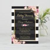 Invitation Baby shower Classé Floral Or Noir Blancs (Debout devant)
