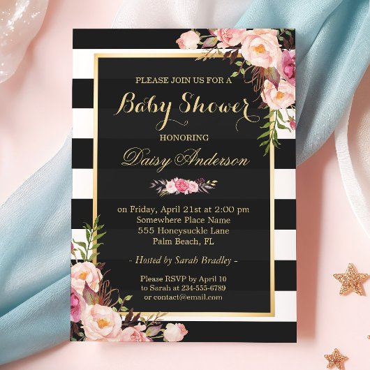 Invitation Baby shower Classé Floral Or Noir Blancs