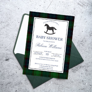 Invitation Baby shower classique à cheval vert plaid