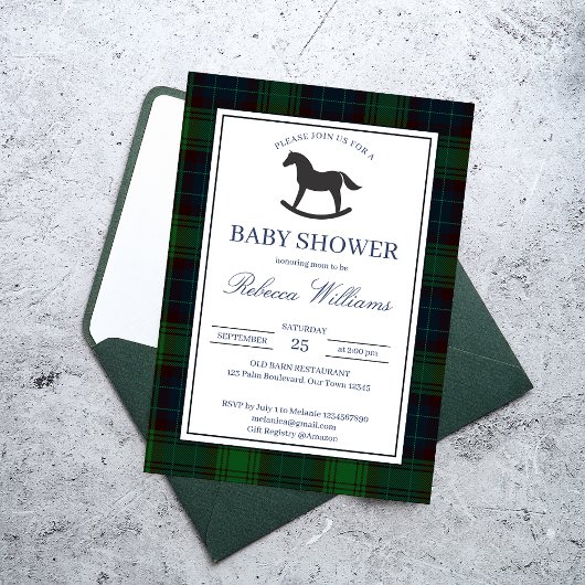 Invitation Baby shower classique à cheval vert plaid