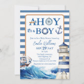 Invitation Baby shower classique Bleu Blanc Nautique (Devant)