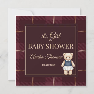 Invitation Baby Shower Classique Ours en Peluche Carreaux Pré