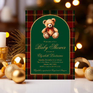 Invitation Baby Shower Classique Ourson Tartan Carreaux Prépa