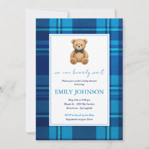 Invitation Baby shower classique Preppy Blue Plaid Teddy Bear
