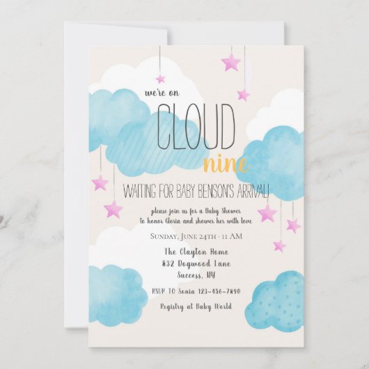 Invitation Baby shower Cloud 9 avec étoiles roses (Devant)