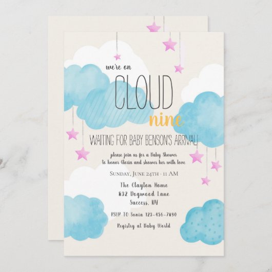 Invitation Baby shower Cloud 9 avec étoiles roses (Devant / Derrière)