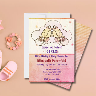 Invitation Baby shower Cloud Twin Girls Retro attendu