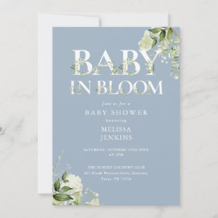 Invitation Baby Shower Code QR Dusty Blue en fleurs et verdur