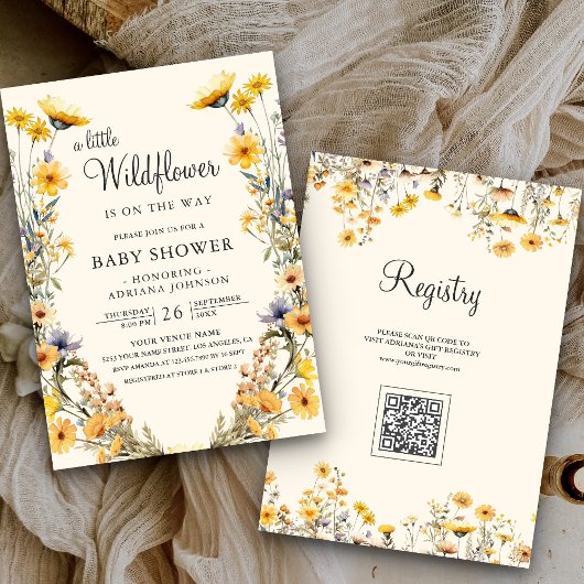 Invitation Baby Shower Code QR Fleurs de Wildflower Bohème Ja