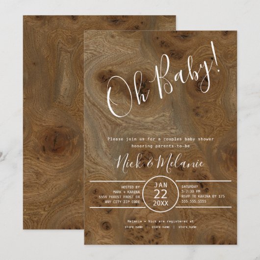 Invitation baby shower coed de Rustic Wood Oh Baby (Devant / Derrière)