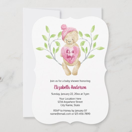 Invitation Baby shower Coeur de l'ours en peluche mignon (Devant)