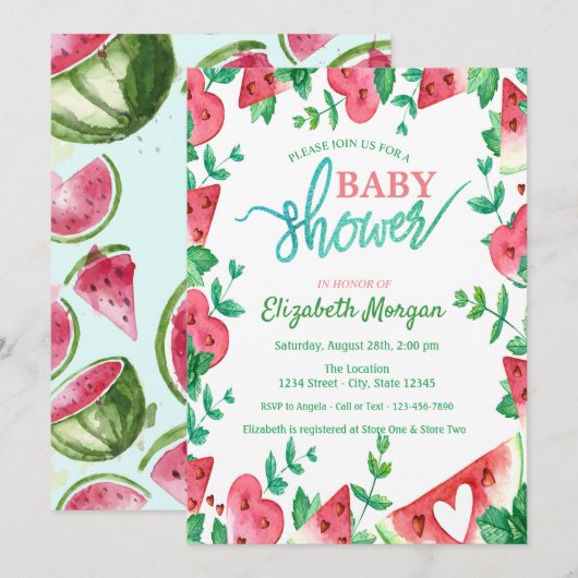 Invitation Baby Shower Cœur de Pastèque Mignon (Devant / Derrière)
