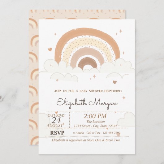 Invitation Baby shower Coeur des nuages arc-en-ciel mignon (Devant / Derrière)