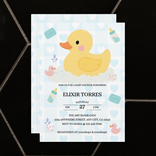 Invitation Baby shower Coeurs bleus en caoutchouc