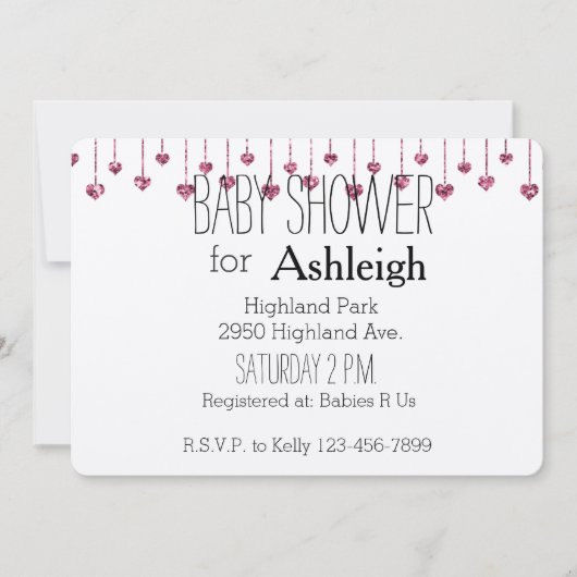 Invitation Baby shower Coeurs de Parties scintillant rose (Devant)