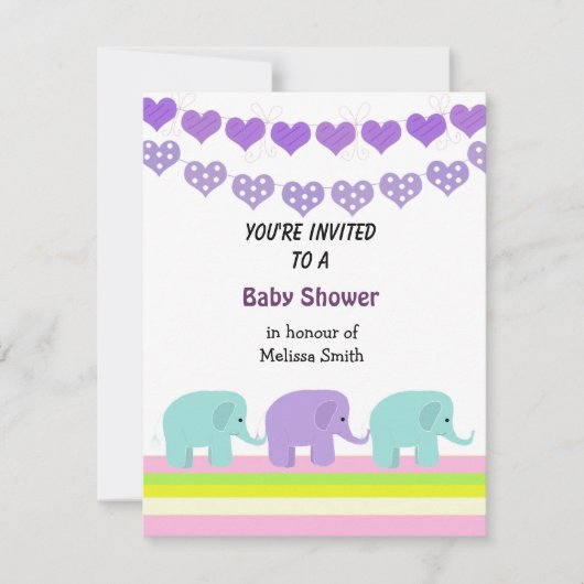 Invitation Baby shower Coeurs et Eléphants (Devant)