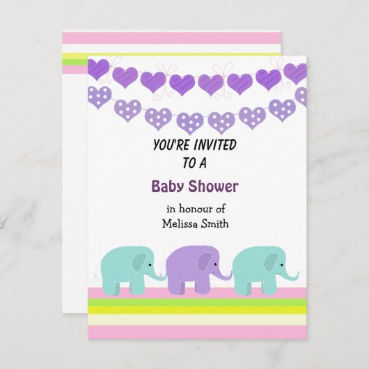 Invitation Baby shower Coeurs et Eléphants (Devant / Derrière)